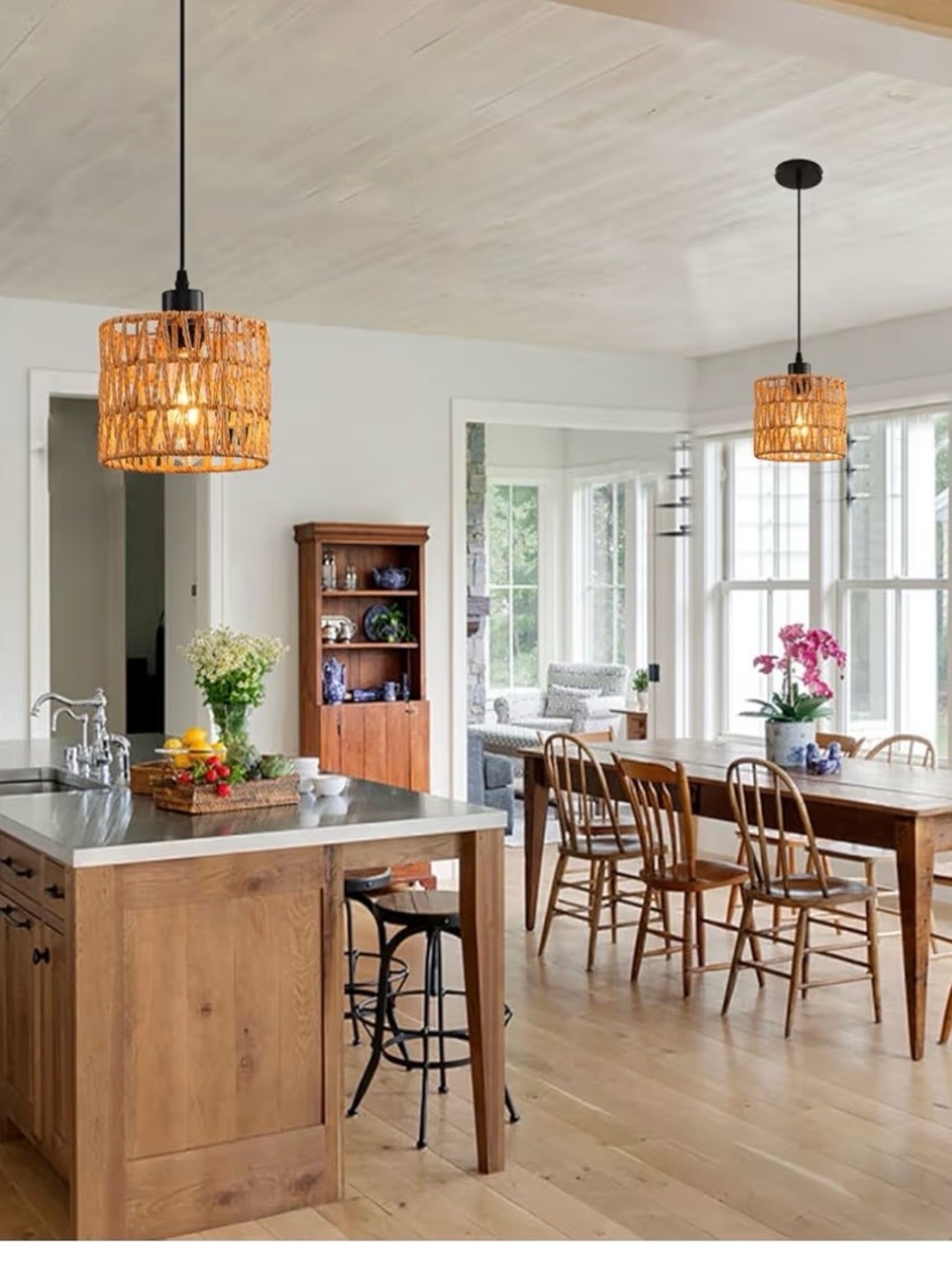 Set Of 2- Boho Woven Rattan Pendant Light For Kitchen Island & Farmhouse. New.